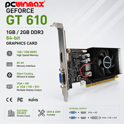 PCWINMAX GeForce GT 610 2G DDR3 Low Profile Graphics Card HD/VGA/DVI Ports Entry Level GPU for PC SFF HTPC