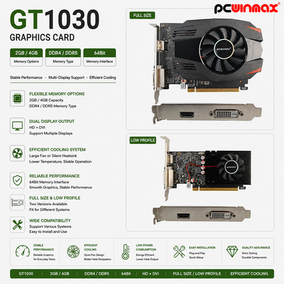 PCWINMAX GT 1030 2GB GDDR5 ATX Graphics Card 64Bit Single Fan HD DVI Desktop Video Card