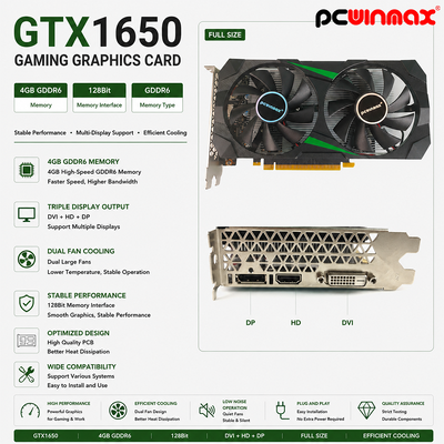 PCWINMAX GeForce GTX 1650 4GB GDRR6 128Bit HD DP DVI Output Support DirectX 12 VR Ready OC Graphics Card