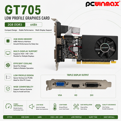 PCWINMAX GT 705 2GB 64Bit GDDR3 โปรไฟล์ต่ํา Single Fan VGA DVI HD Port การ์ดกราฟฟิก GPU สําหรับ Desktop