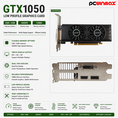 PCWINMAX GTX 1050 Desktop Graphics Card 2GB 128Bit GDDR5 Low Profile Dual Fan