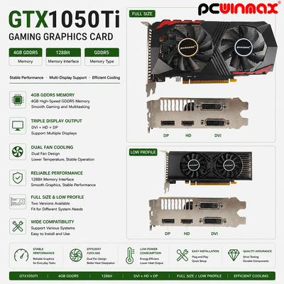 PCWINMAX GeForce GTX 1050 Ti การ์ดกราฟฟิก 4GB DDR5 128 บิต แฟนคู่ 650MHz 1800MHz ความถี่ 1050Ti เครื่องพิมพ์จีพียู