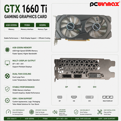 การ์ดจอ PCWINMAX Geforce GTX 1660 Ti 6GB GPU 192 Bit 1500MHz/1770MHz หน่วยความจำ HD DP DVI 14Gbps